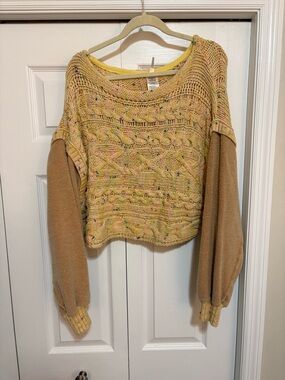 Free People Cropped Mixed Knit Sweater in Yellow and Brown